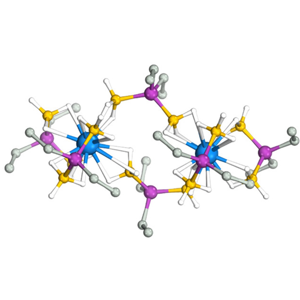 Ball and stick model of a uranium phosphinodiboranate dimer.